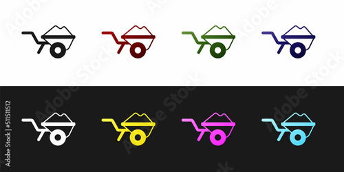 Set Wheelbarrow with dirt icon isolated on black and white background. Tool equipment. Agriculture cart wheel farm. Vector