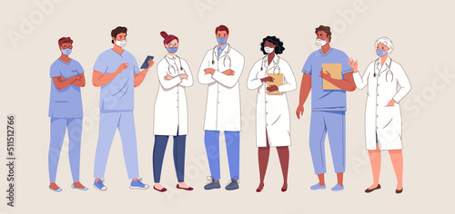 Team of doctors, healthcare concept. Young medical specialists, men and women of different nationalities in uniform and masks with documents and stethoscopes. Close layer, physicians smiles. Vector.
