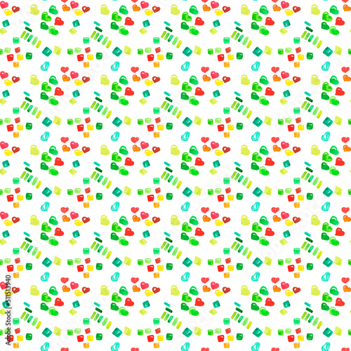 Watercolor illustration, seamless pattern. Sweets and candies, cakes, cocktails, cherries. 