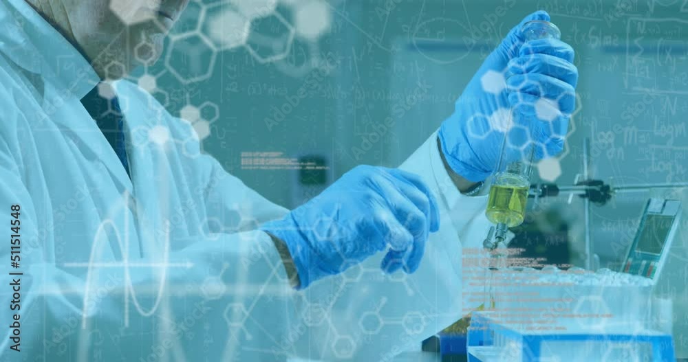 Animation of chemical formulas and data processing over caucasian senior male lab worker