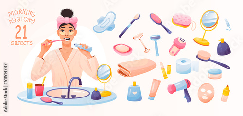 Morning hygiene collection. Young girl during daily hygiene. Self care at home. A set of items for morning feminine hygiene.