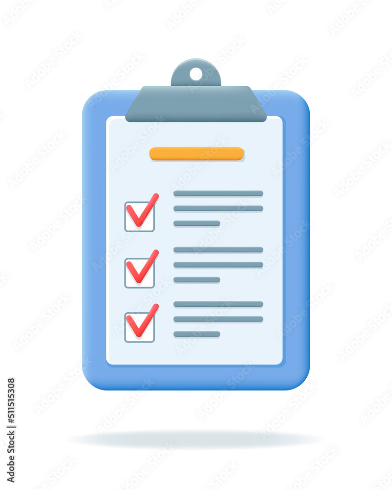 Render clipboard with checklist or paper Document. Writing, Copywriting, goal setting and business planning concept. Test form with check marks 3d vector illustration isolated on white background. Render clipboard with checklist or paper Document. Writing, Copywriting, goal setting and business planning concept. Test form with check marks 3d vector illustration isolated on white background.