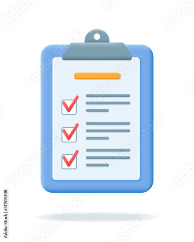 Render clipboard with checklist or paper Document. Writing, Copywriting, goal setting and business planning concept. Test form with check marks 3d vector illustration isolated on white background.