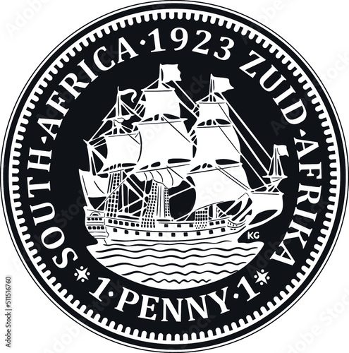 south africa coin with sailboat one penny handmade vector