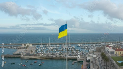 Ukraine flag in Clube Naval de Cascais boat mast. Portugal