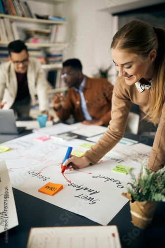 Happy creative woman drawing business plan on paperboard during meeting in office. photo