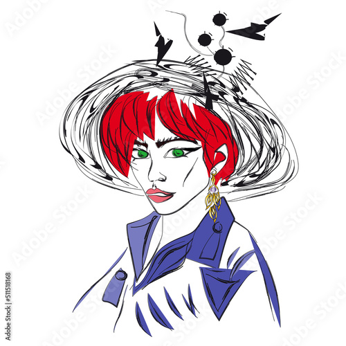Red-haired girl in extravagant fancy hat, purple trench coat, long earrings, hat decorated, sketch