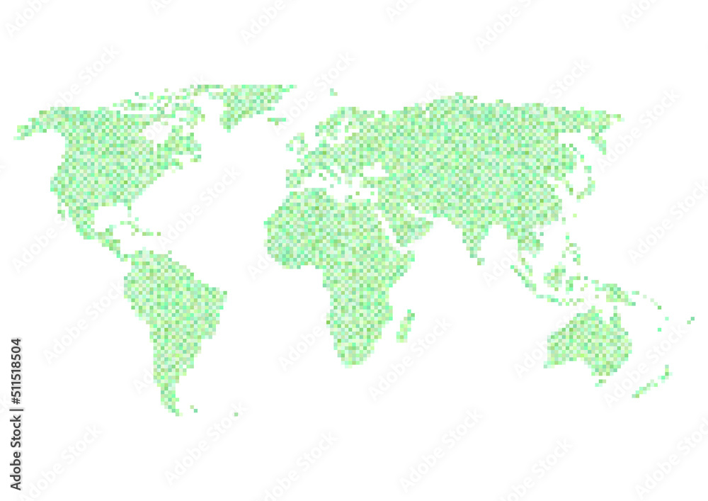 世界地図のイラスト: 緑色のモザイク模様 