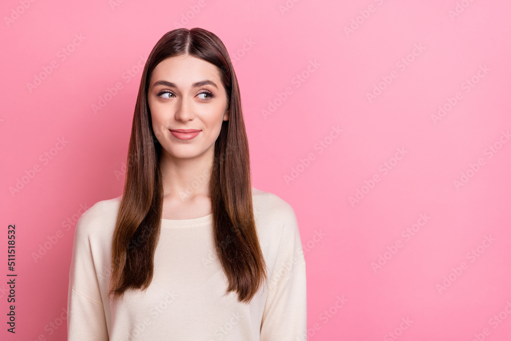 Portrait of attractive cheery cute sweet girl looking aside thinking copy space isolated over pink pastel color background Portrait of attractive cheery cute sweet girl looking aside thinking copy space isolated over pink pastel color background
