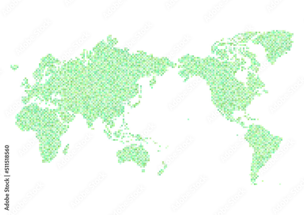 世界地図(日本中心)のイラスト: 緑色のモザイク模様 世界地図(日本中心)のイラスト: 緑色のモザイク模様