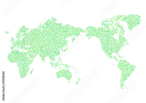 世界地図（日本中心）のイラスト: 緑色のモザイク模様