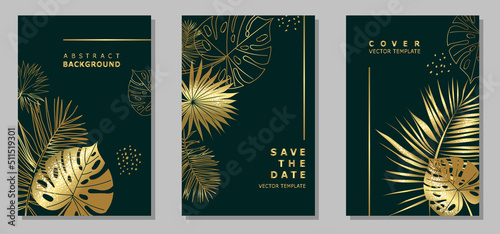 Set of templates with tropical leaves on a black background. Group of vertical covers with space for text. Plant elements and leaves in golden colors on a dark green background. Vector illustration.