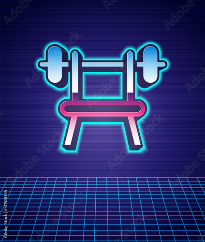 Retro style Bench with barbell icon isolated futuristic landscape background. Gym equipment. Bodybuilding, powerlifting, fitness concept. 80s fashion party. Vector