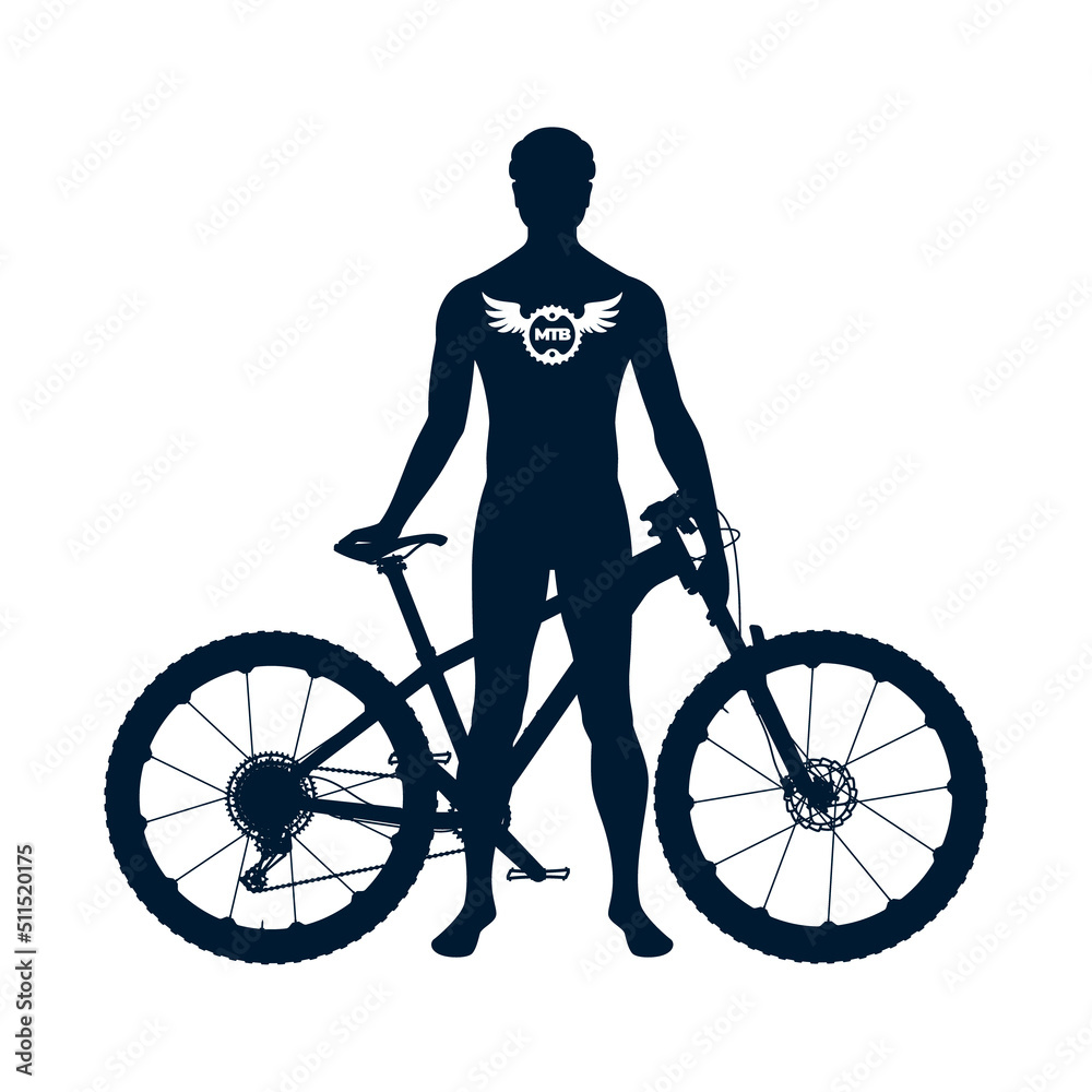 Vector black silhouette of a male cyclist standing by a mountain bike. Isolated on white background. Vector black silhouette of a male cyclist standing by a mountain bike. Isolated on white background.