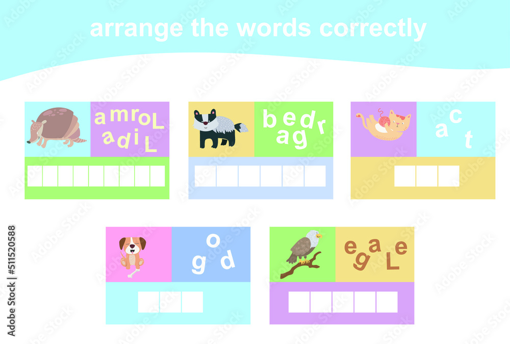 Arrange the words correctly. Worksheet for preschool. Writing practice. Vector file.