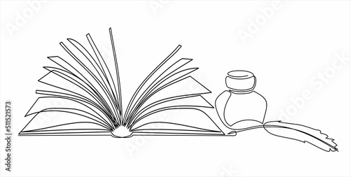 Continuous line drawing of quill pen ink and book. One line art concept of vintage brush pen signature and lettering. Vector illustration