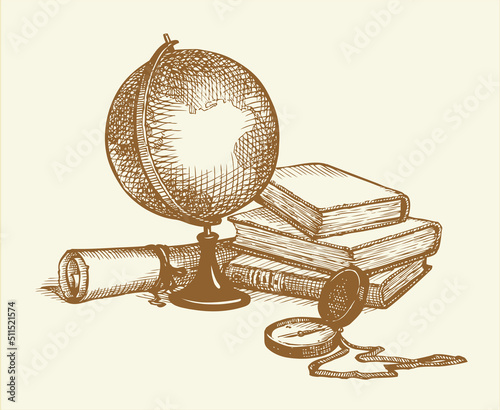 Vector still life: a globe, books, map and compass