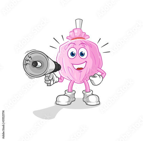 cute candy holding hand loudspeakers vector. cartoon character
