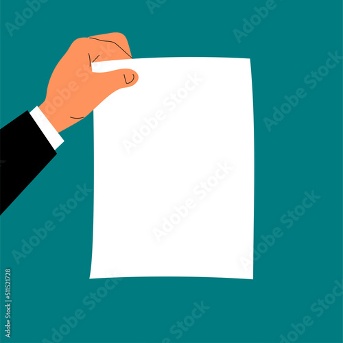 The hand holds a paper business contract document. Employment agreement, inheritance, testament. Blank paper. Flat isolated vector illustration