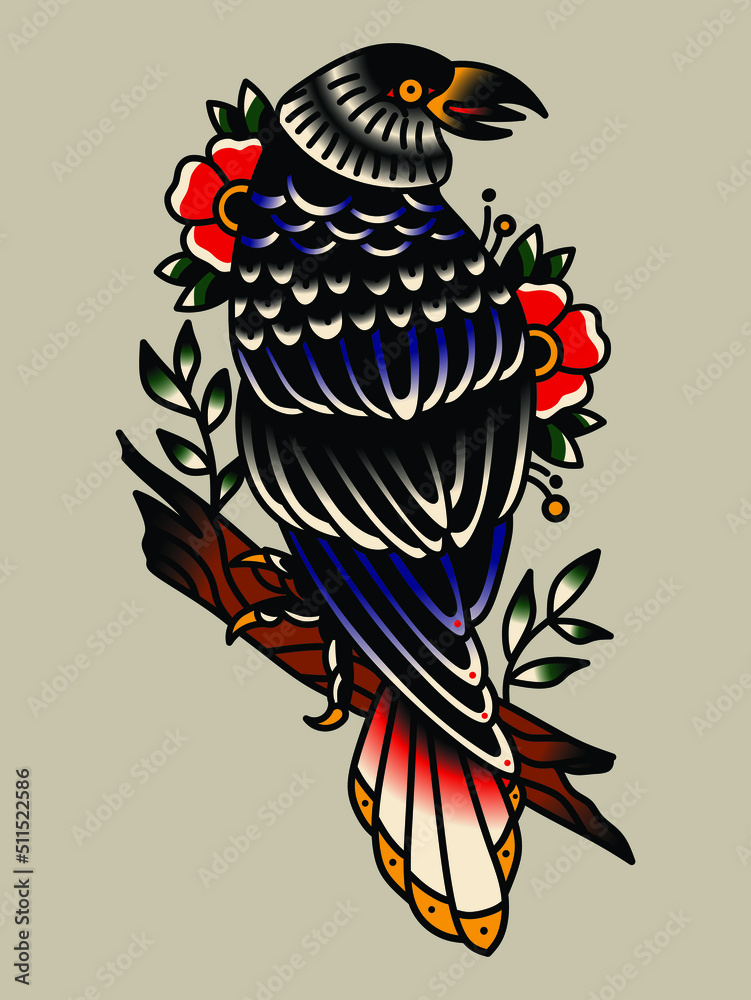 Tattoo design graphic raven crow old school.