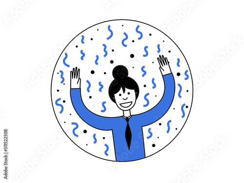 Happy woman in confetti with her hands up dancing. Festive vector illustration in a circle.
