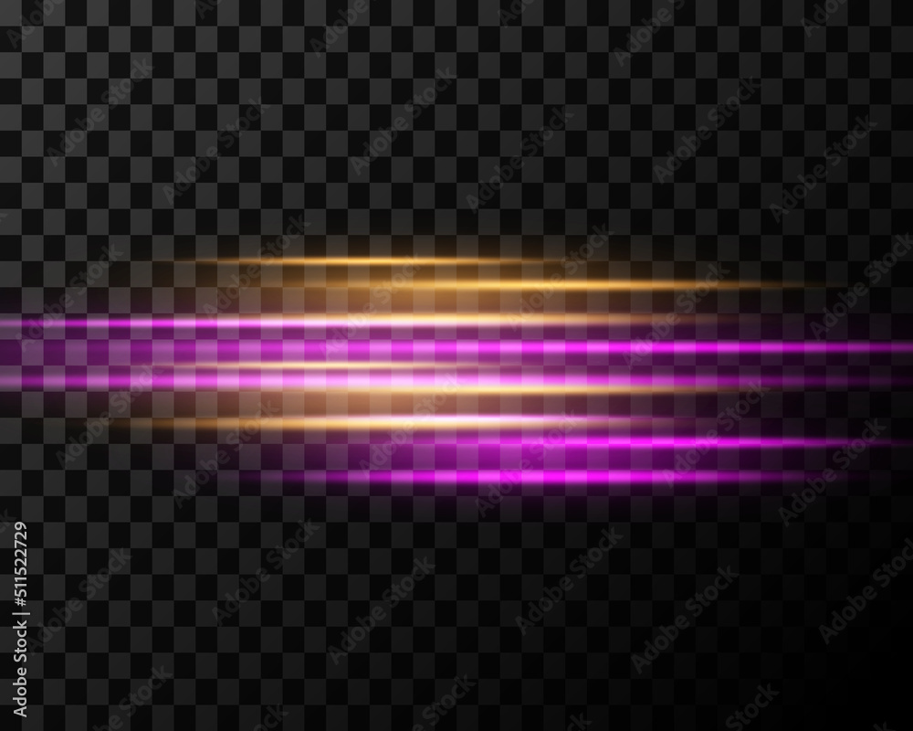 Bright yellow and pink neon glowing lines and beams isolated on a transparent background. Bright yellow and pink neon glowing lines and beams isolated on a transparent background.