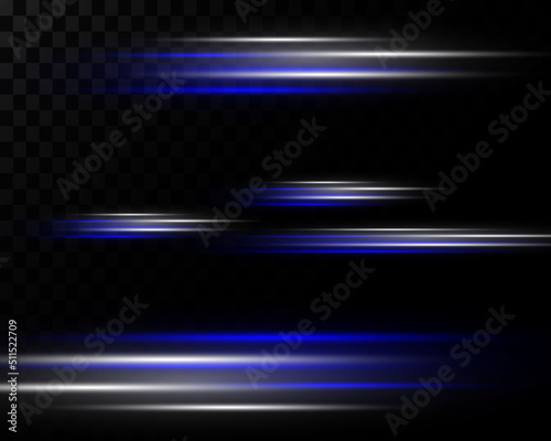 Pack of white and blue bright horizontal highlights on a transparent background. Laser beams, horizontal light beams.
