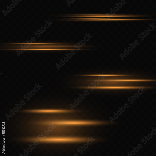 Pack of golden bright horizontal highlights on a transparent background. Laser beams, horizontal light beams. Beautiful light flashes.