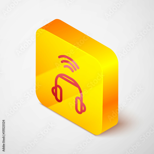 Isometric line Smart headphones system icon isolated on grey background. Internet of things concept with wireless connection. Yellow square button. Vector