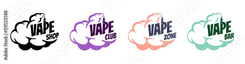 Vape shop vintage comic style logo set. Hipster cartoon vaporizer smoke cloud with lettering. Electronic cigarette store logotype. E-cigarette vaping seller badge vector eps design template