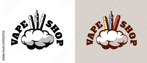 Vape shop vintage retro style logo set. Hipster cartoon vaporizers with smoke cloud and lettering. Electronic cigarette store logotype. E-cigarette vaping seller badge vector eps design template