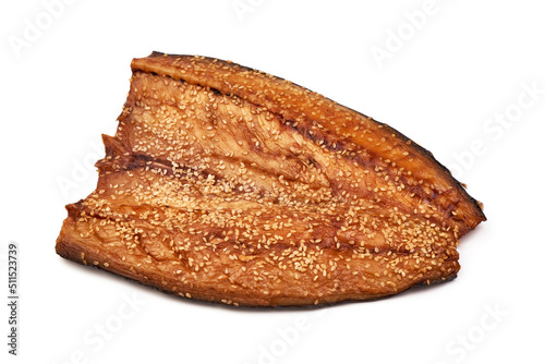 Smoked and peppered mackerel fillet, isolated on white background.