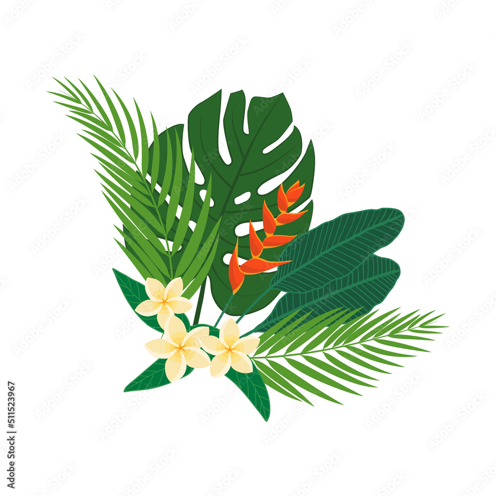 Tropical plants composition on white background flat vector illustration