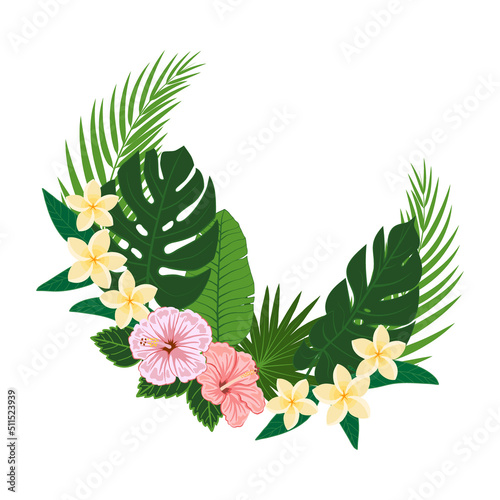 Frame of tropical flowers and plants on a white background flat vector illustration