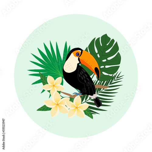 Toucan on a branch against the background of tropical leaves flat vector illustration