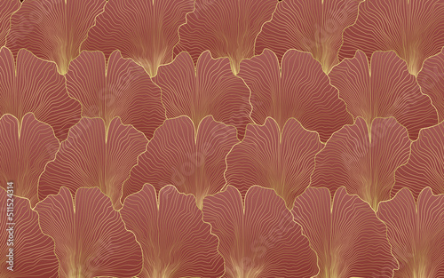 Golden ginkgo leaves on red background