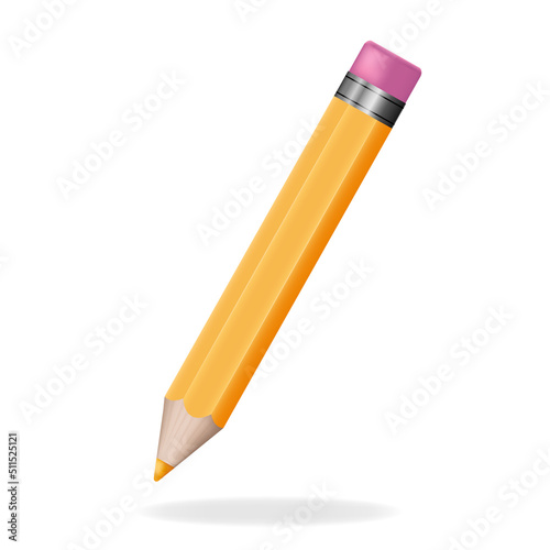 Yellow 3d pencil with Eraser. Volumetric wooden object for writing and drawing. Stationery tool. Realistic icon vector illustration isolated on white background.