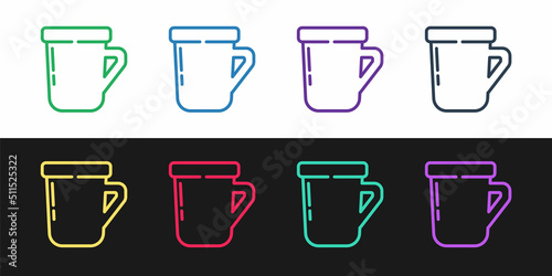 Set line Coffee cup icon isolated on black and white background. Tea cup. Hot drink coffee. Vector