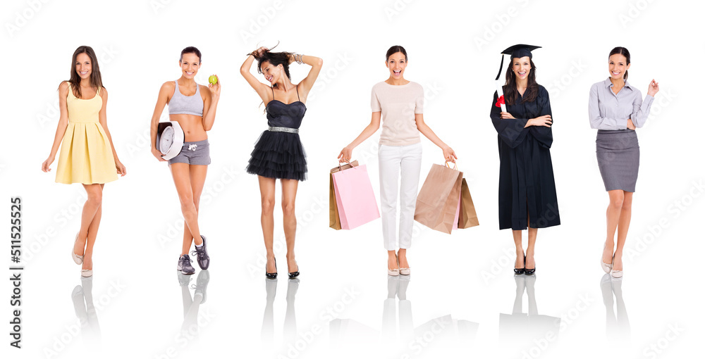 Fototapeta premium Strutting in her summer best. Full-length studio portrait of a beautiful young woman posing in different outfits.