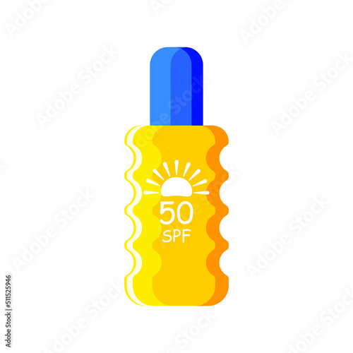 Yellow tube with a blue cap of SPF 50 sunscreen on a white background. Cosmetics with UV protection. Vector.