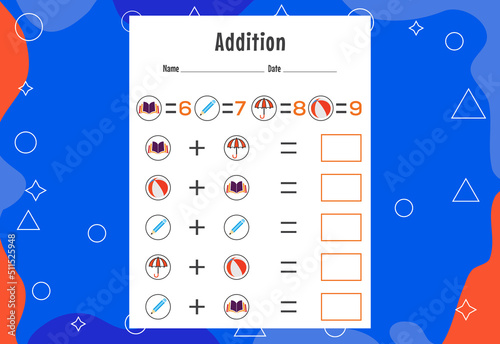 Addition with different elements for kids. An educational page for kids. Vector design