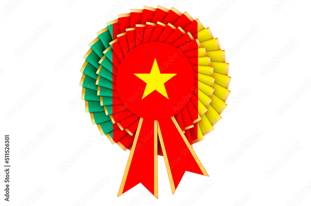 Cameroonian flag painted on the award ribbon rosette. 3D rendering Cameroonian flag painted on the award ribbon rosette. 3D rendering