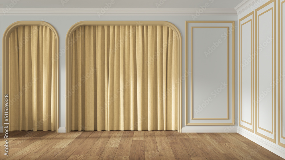 Empty room interior design in white and yellow pastel tones, classic open space with parquet wooden floor and molded walls, arched doors with curtains, neoclassic architecture concept Empty room interior design in white and yellow pastel tones, classic open space with parquet wooden floor and molded walls, arched doors with curtains, neoclassic architecture concept