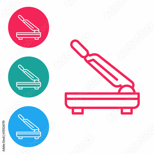 Red line Paper cutter icon isolated on white background. Set icons in circle buttons. Vector