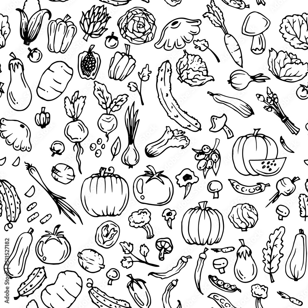 Delicious vegetables. Garden fruits. Edible food plants. Seamless pattern. Hand drawn outline. Monochrome drawing. Isolated on white background. Vector