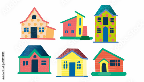 Set of cute bright colored houses with different textures