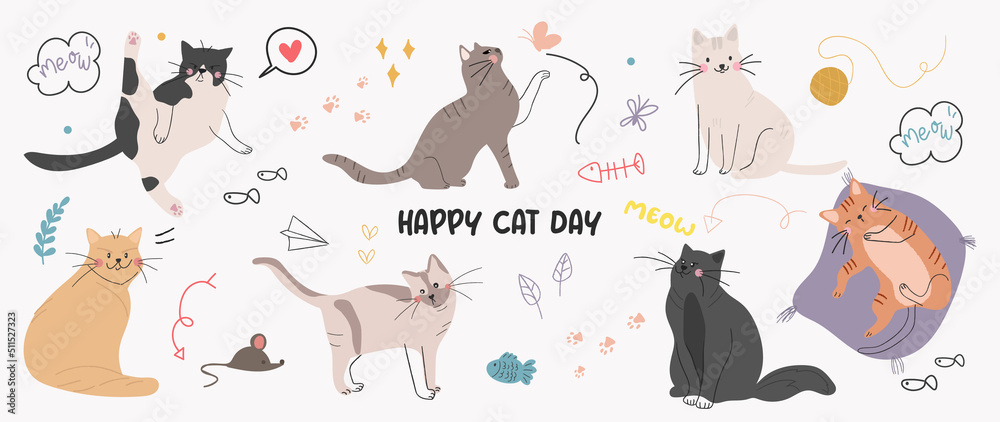 Cute cats and funny kitten doodle vector set. Happy international cat day characters design collection with flat color in different poses. Set of adorable pet animals isolated on white background. - obrazy, fototapety, plakaty 