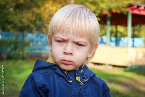 Young serious child walking outdoors in autumn park. Closeup of cute caucasian baby boy with thoughtful expression in blue eyes. Little blonde hair boy looking away with strong emotions, sad face