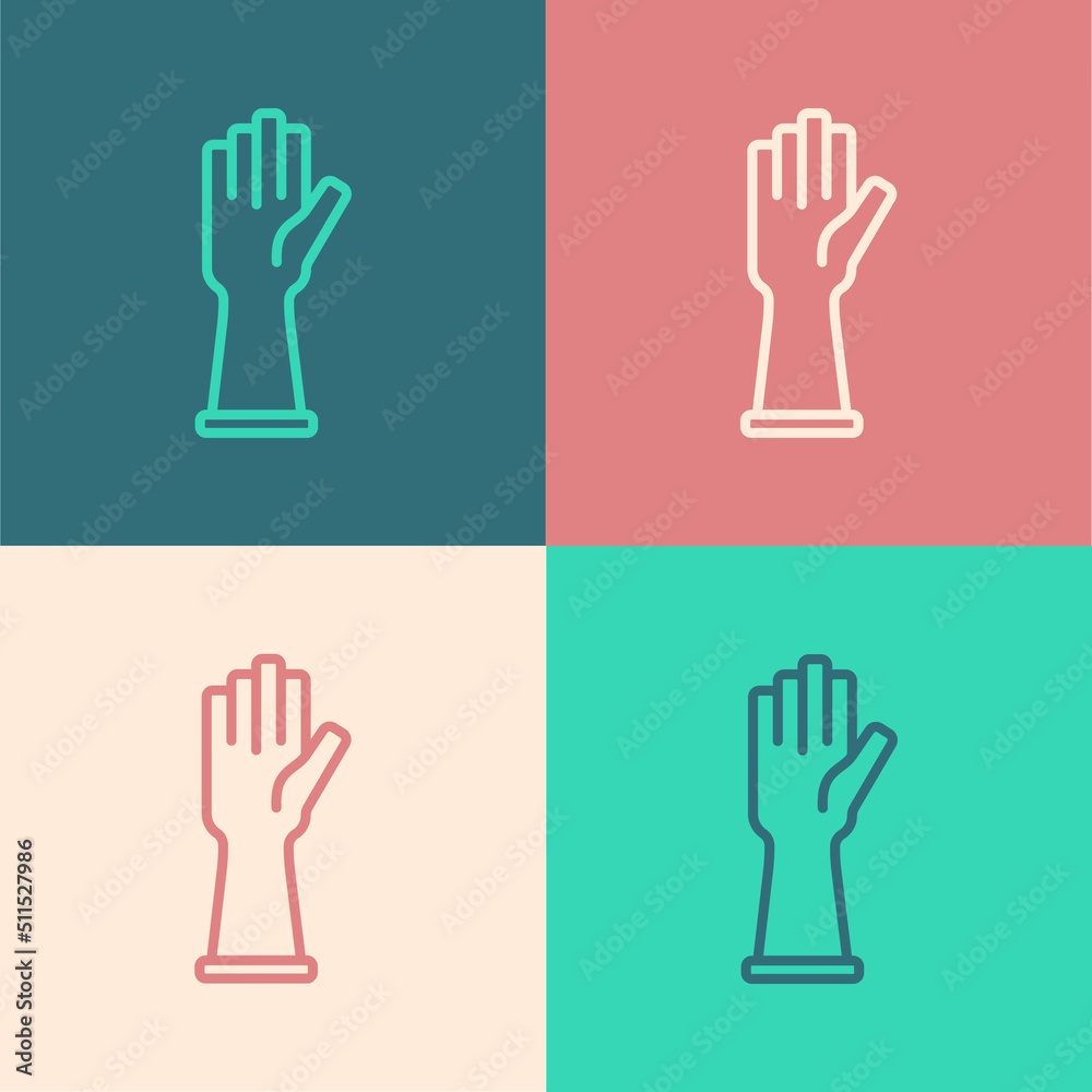 Pop art line Rubber gloves icon isolated on color background. Latex hand protection sign. Housework cleaning equipment symbol. Vector Pop art line Rubber gloves icon isolated on color background. Latex hand protection sign. Housework cleaning equipment symbol. Vector