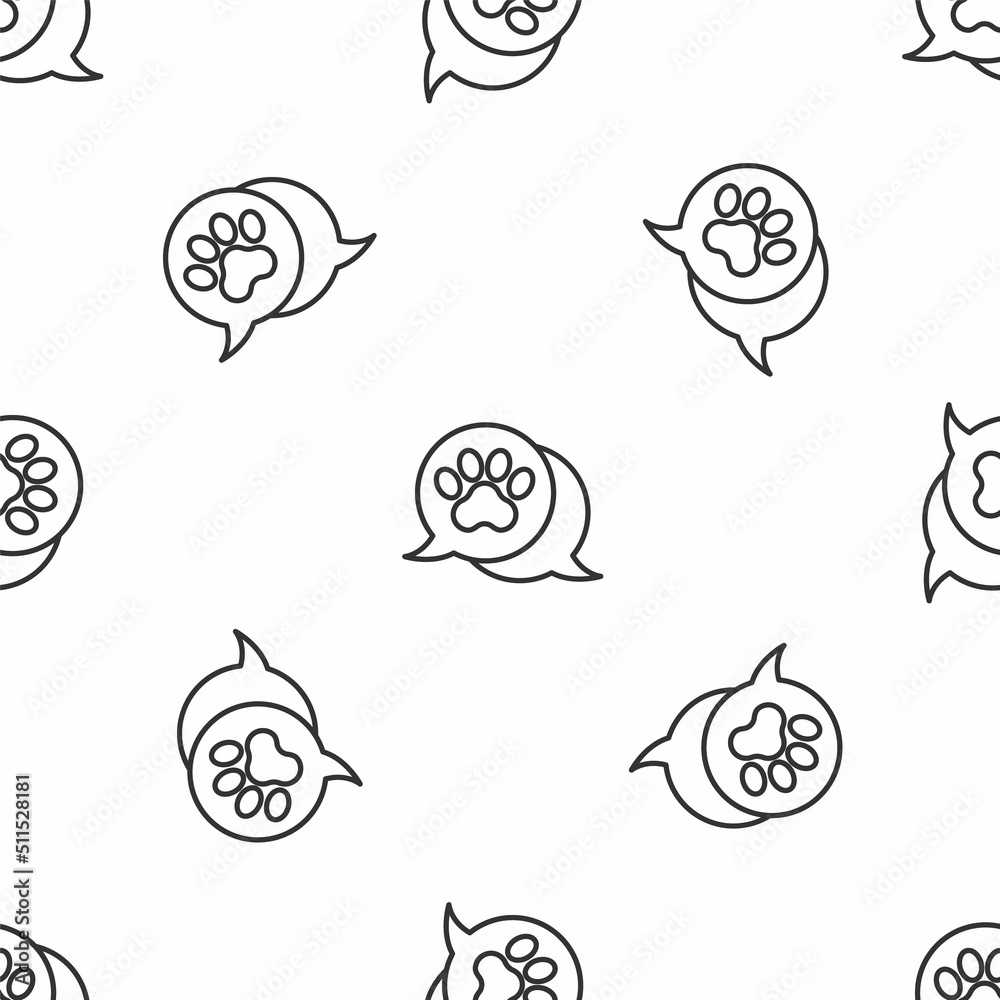 Grey line Paw print icon isolated seamless pattern on white background. Dog or cat paw print. Animal track. Vector Grey line Paw print icon isolated seamless pattern on white background. Dog or cat paw print. Animal track. Vector